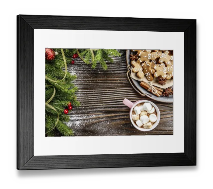 Framed Print : Flat lay Christmas background of pink mug with hot chocolate and marshmallows