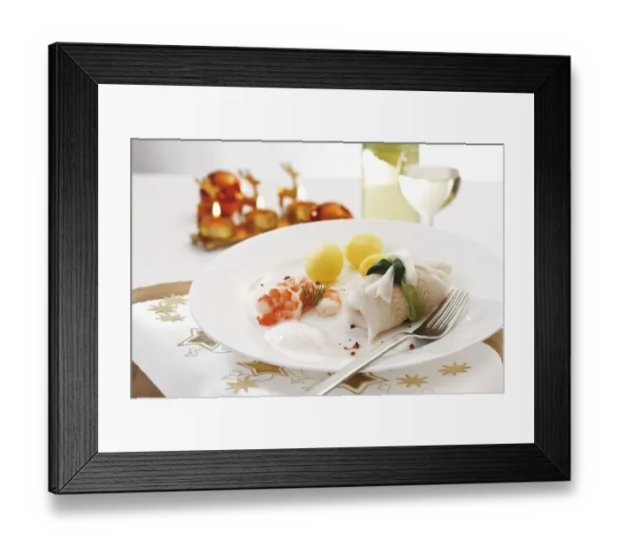Framed Print : Halibut roulade with a ribbon made of leek