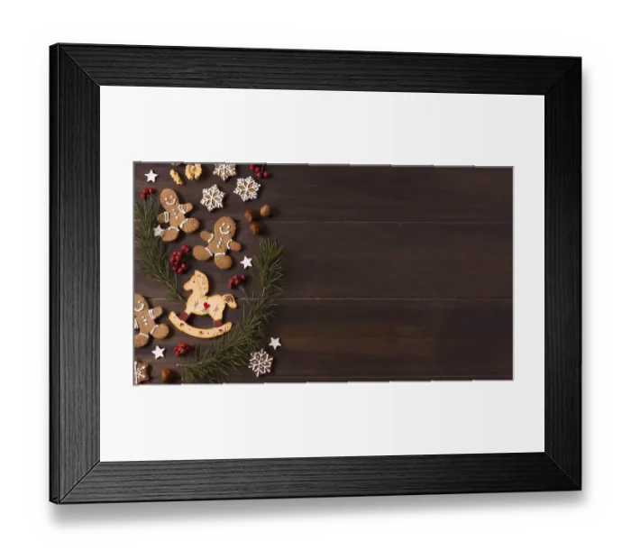 Framed Print : Top view of gingerbread cookies selection for christmas with copy space Framed Print : Top view of gingerbread cookies selection for christmas with copy space
