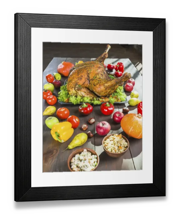 Framed Print : Roasted turkey with vegetables wooden table