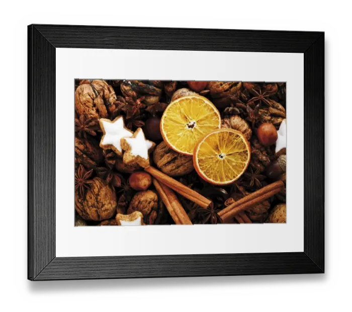 Framed Print : Dried slices of orange with Christmas decoration