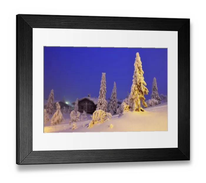 Framed Print : Finnish log cabin in the snow-covered landscape