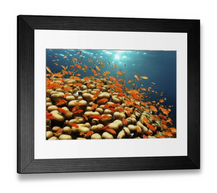 Framed Print : Shoal of lyretail coralfish, sea goldies (Pseudanthias squamipinnis) swimming above stone corals in the sun