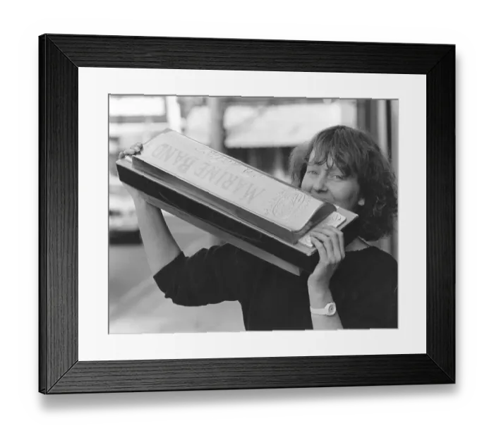 Framed Print : Woman with large harmonica, England, Great Britain Framed Print : Woman with large harmonica, England, Great Britain