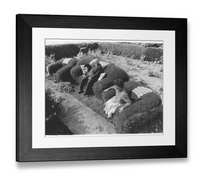 Framed Print : Old couple sitting on an armchair from a hedge Framed Print : Old couple sitting on an armchair from a hedge