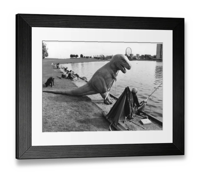 Framed Print : Man and Dino fishing, England, Great Britain Framed Print : Man and Dino fishing, England, Great Britain