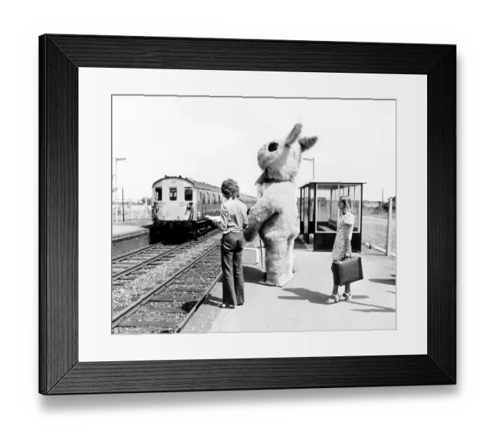 Framed Print : Big rabbit waits with passengers at the platform of a train station