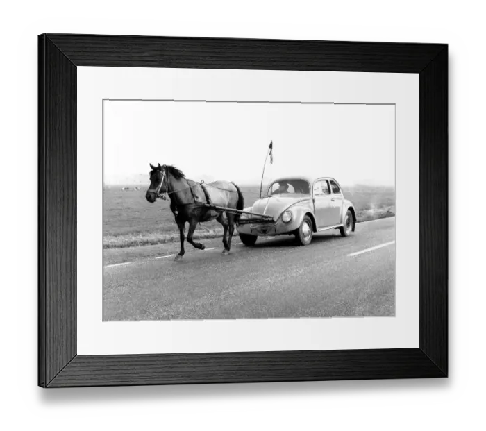 Framed Print : Horse pulls a VW Beetle, a PS, Mexico City