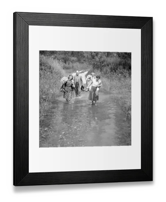 Framed Print : People cross the brook, walkers in the forest Framed Print : People cross the brook, walkers in the forest