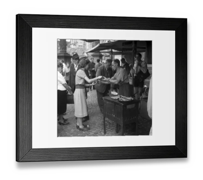 Framed Print : Bockwurst, sausage salesman on a street in Freiburg