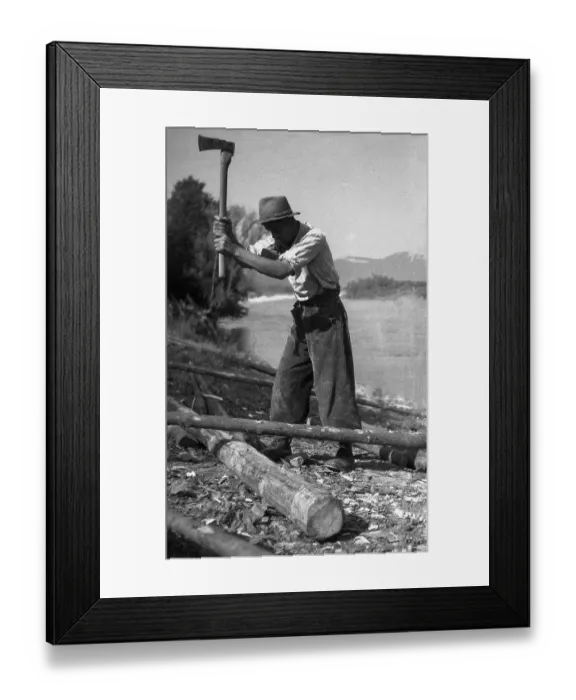 Framed Print : Man chopped wood with an axe, ca