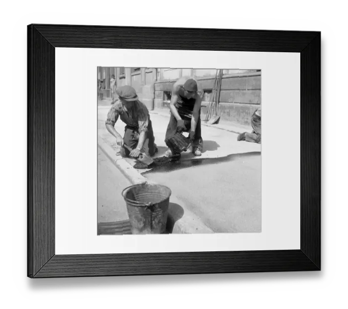 Framed Print : Road workers tar a road, ca. 1945 to 1955