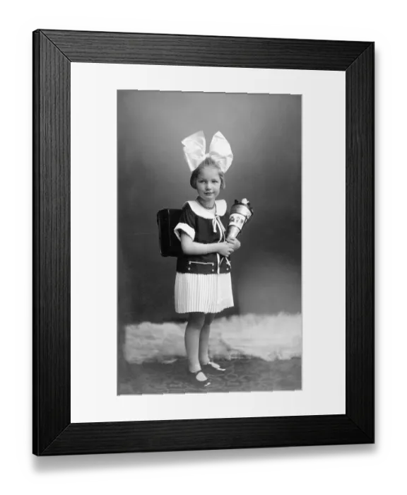 Framed Print : Girl with school bag and big hair bow ca