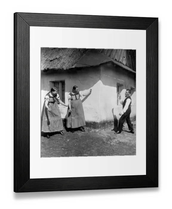 Framed Print : Two women an admirer ca. 1930, exact place unknown