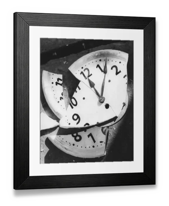 Framed Print : Broken clock approx. 1970s, exact place unknown