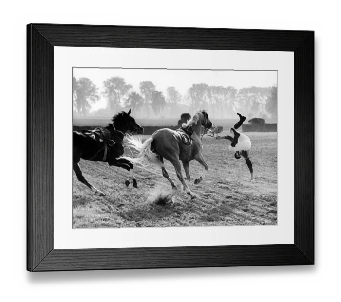 Framed Print : Horse-rider falls from the horse about 1970s Framed Print : Horse-rider falls from the horse about 1970s