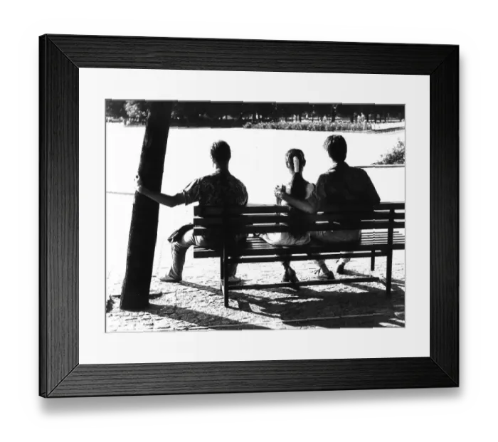 Framed Print : Two couples on a bench, ca. 1980s Framed Print : Two couples on a bench, ca. 1980s