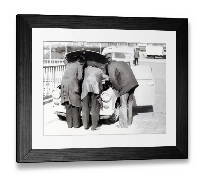 Framed Print : Three repair Trabbi, ca. 1980s Framed Print : Three repair Trabbi, ca. 1980s