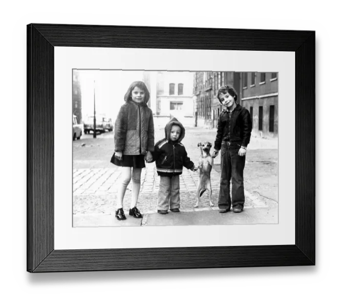 Framed Print : Children with small dog, ca. 1980s Framed Print : Children with small dog, ca. 1980s