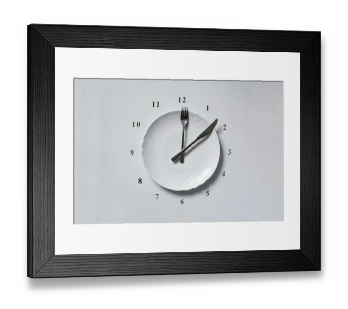 Framed Print : Clock from plate Knife and fork