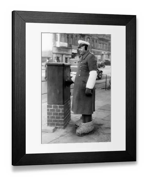 Framed Print : Policeman in comic shoes, ca. 1960s