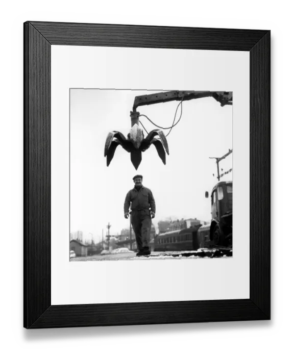 Framed Print : Worker under crane, ca. 1970s, exact location unknown