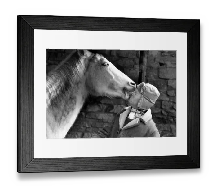 Framed Print : Horse kissing man, ca. 1970s, exact place unknown Framed Print : Horse kissing man, ca. 1970s, exact place unknown