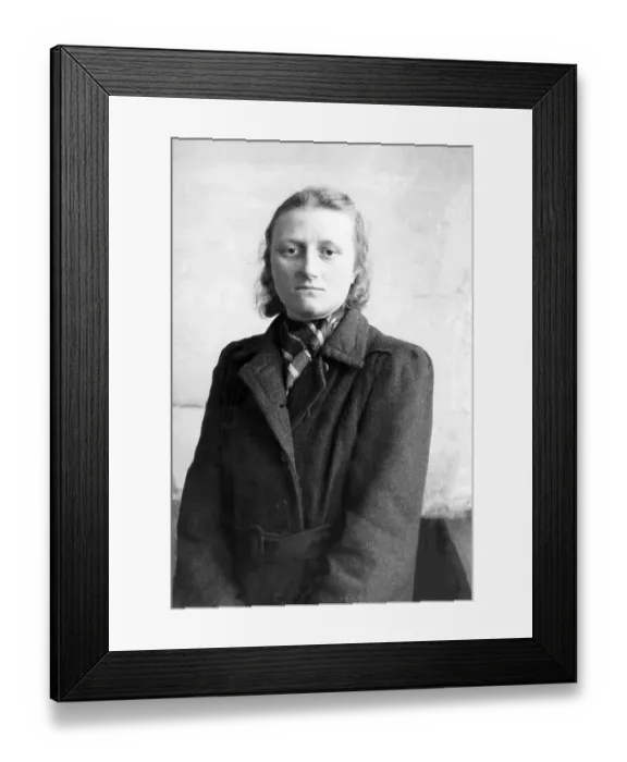 Framed Print : Poor woman in a coat, post-war period Framed Print : Poor woman in a coat, post-war period