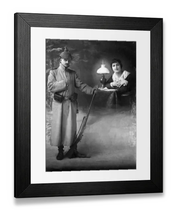 Framed Print : Couple, picture of longing, the beloved misses the man who is a soldier at the front Framed Print : Couple, picture of longing, the beloved misses the man who is a soldier at the front