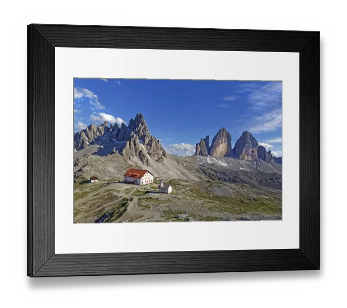 Framed Print : Dreizinnenhuette and chapel with view of the Paternkofel and the Three Peaks Framed Print : Dreizinnenhuette and chapel with view of the Paternkofel and the Three Peaks