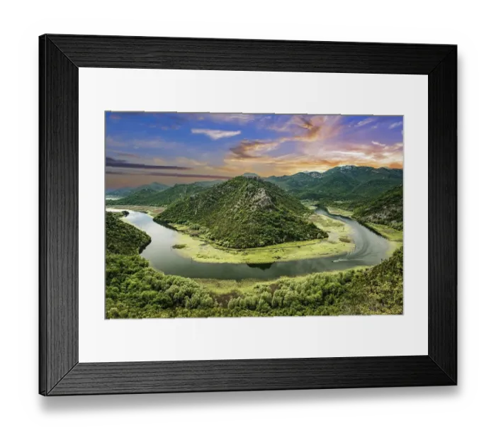 Framed Print : River bend of the Rijeka Crnojevica river at sunset