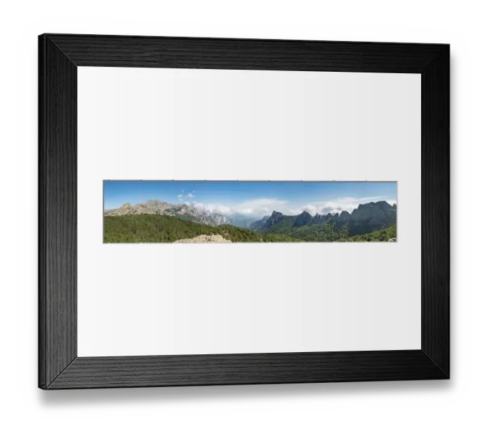 Framed Print : Mountain range with rocky peaks surrounded by pine forest Framed Print : Mountain range with rocky peaks surrounded by pine forest