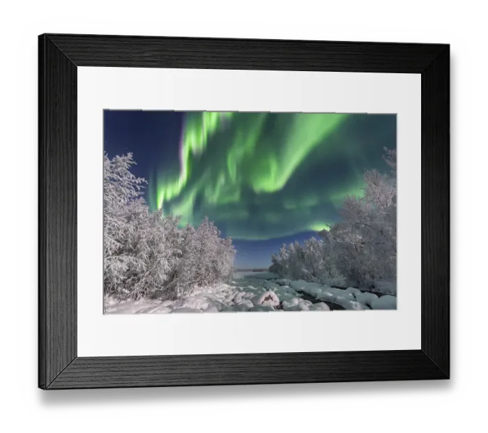 Framed Print : Northern Lights (Aurora Borealis) over snowy river landscape Framed Print : Northern Lights (Aurora Borealis) over snowy river landscape