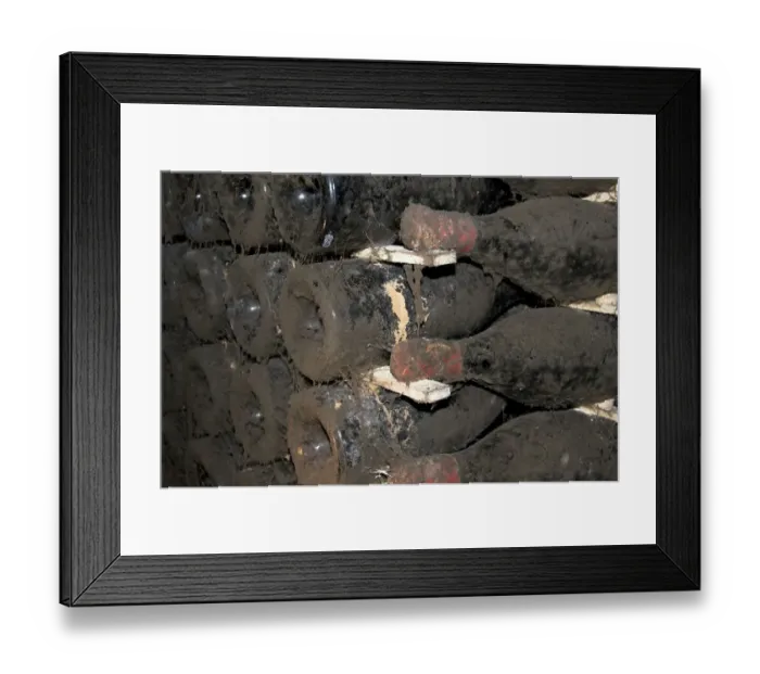 Framed Print : Old bottles in a wine cellar, Burgundy Framed Print : Old bottles in a wine cellar, Burgundy