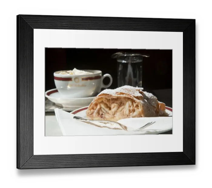 Framed Print : Apple strudel and coffee with frothy milk Framed Print : Apple strudel and coffee with frothy milk