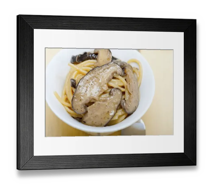 Framed Print : Italian spaghetti pasta and fresh wild mushrooms on rustic wood table