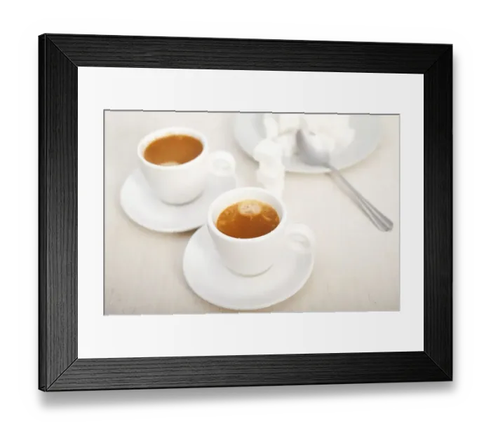 Framed Print : Italian espresso coffee fresh brewed macro closeup with sugar cubes