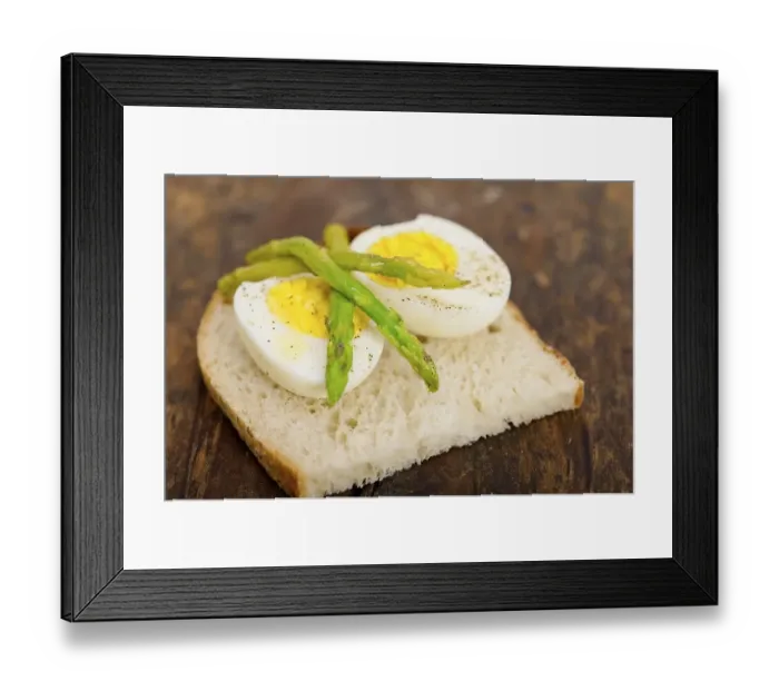 Framed Print : Boiled fresh green asparagus and eggs with extra virgin olive oil with rustic bread
