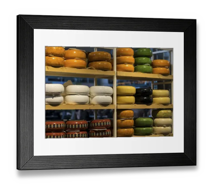 Framed Print : Stall with cheese wheels, Market Hall