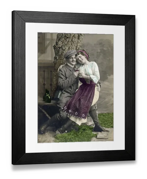 Framed Print : Lovers flirting and drinking wine