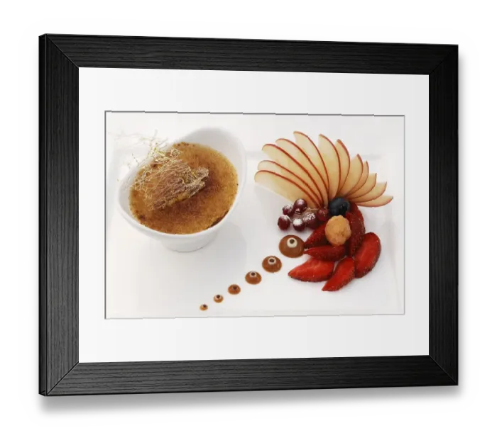 Framed Print : Dessert, tonka bean creme brylee decorated with fruit