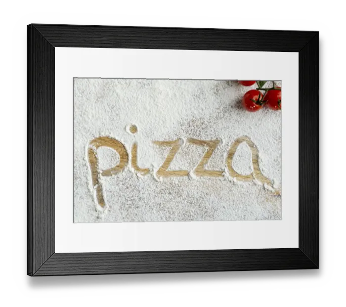 Framed Print : Top view pizza word written flour
