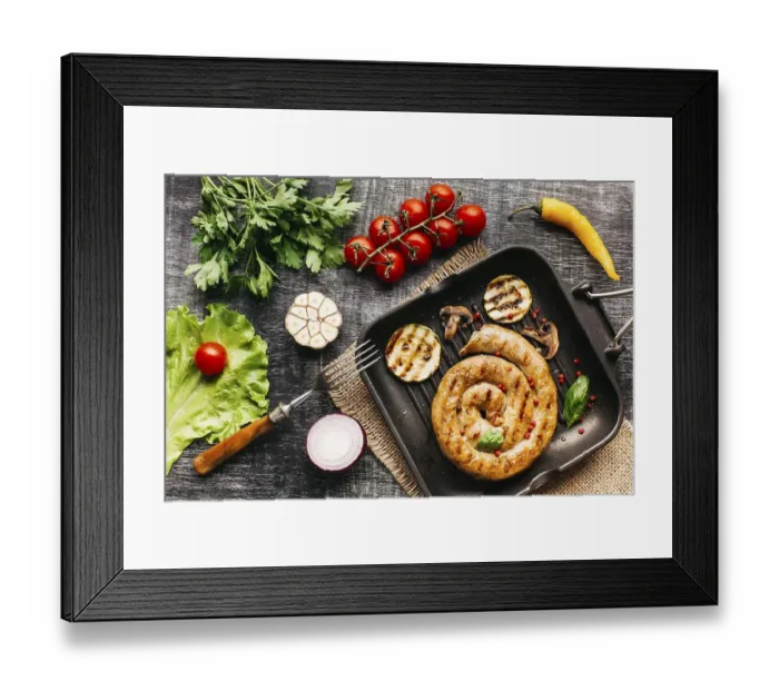 Framed Print : Grilled snail sausages pan with spices vegetable wooden grey backdrop