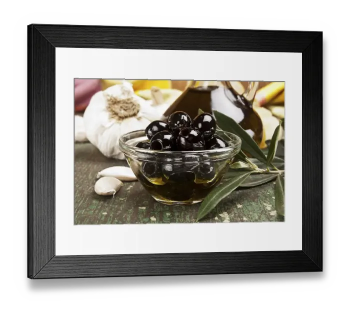 Framed Print : Olives with garlic and a bottle of olive oil Framed Print : Olives with garlic and a bottle of olive oil