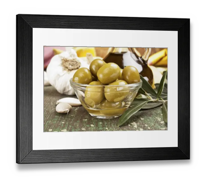 Framed Print : Olives with garlic and a bottle of olive oil