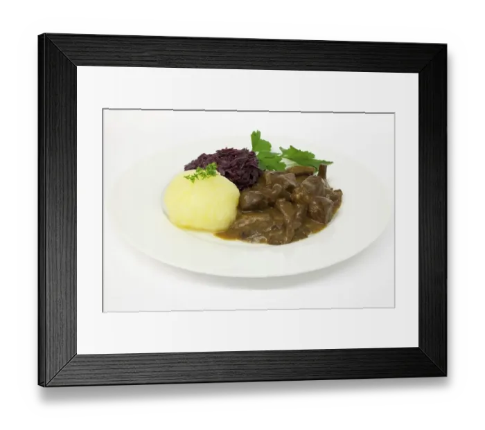 Framed Print : Wild boar goulash with potato dumpling and red cabbage
