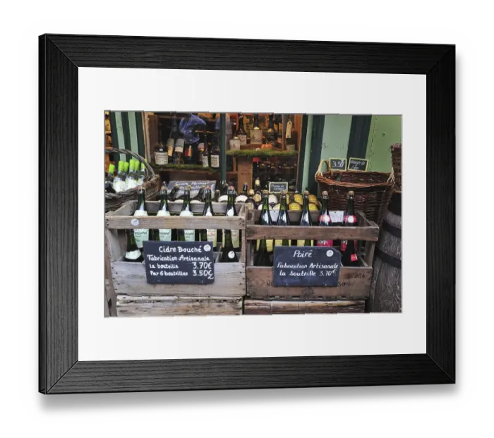 Framed Print : Regional products like cider and bottles of calvados in shop at Honfleur Framed Print : Regional products like cider and bottles of calvados in shop at Honfleur