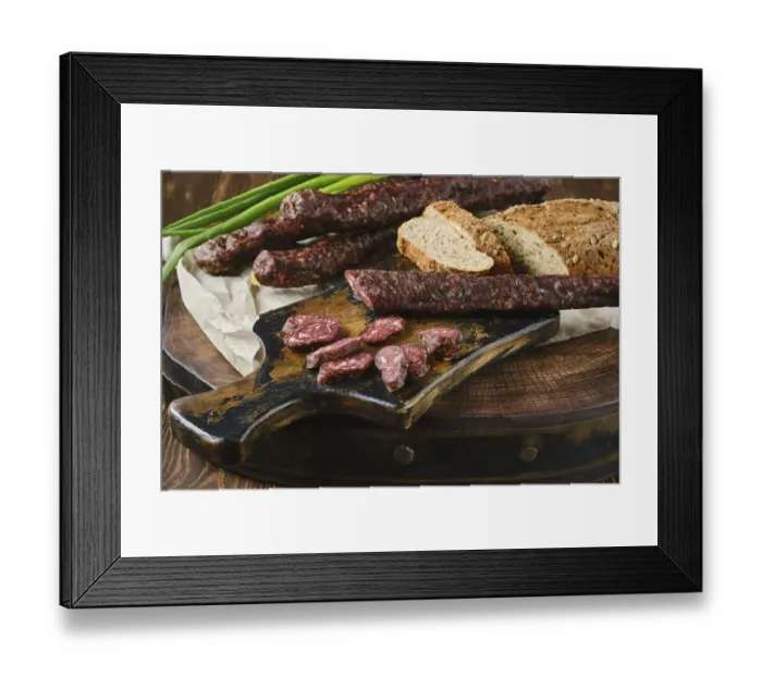Framed Print : Dried sausage made of venison and turkey spicy meat