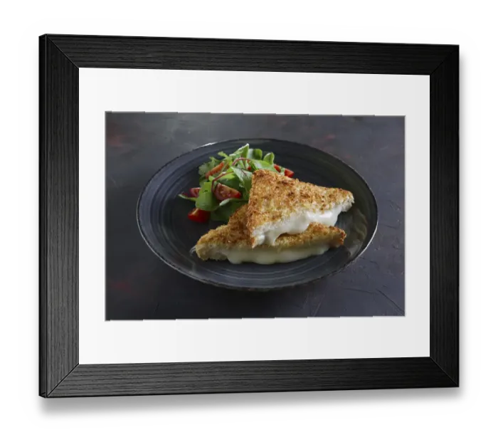 Framed Print : Club sandwich with melted cheese inside served with tomato cherry and salad
