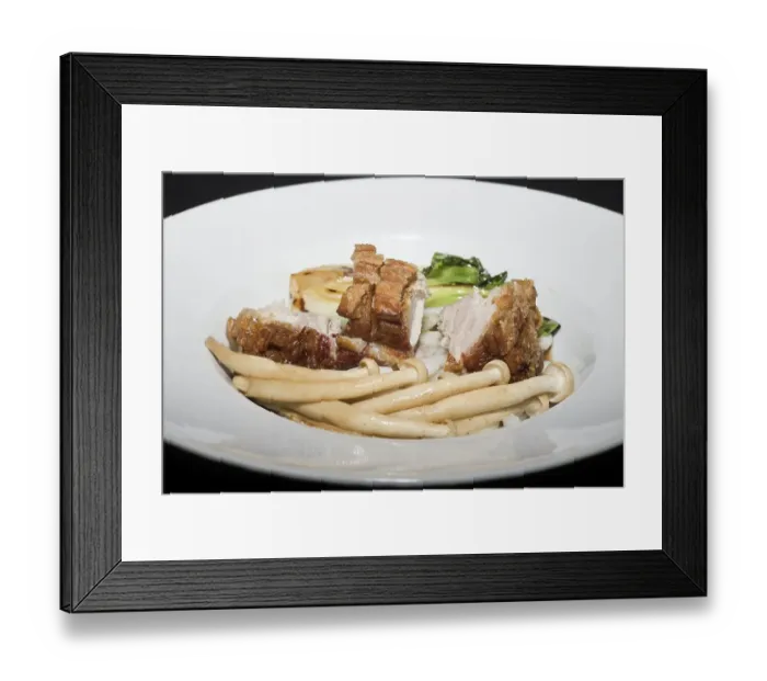 Framed Print : Crispy fried pork belly on Japanese udon noodles